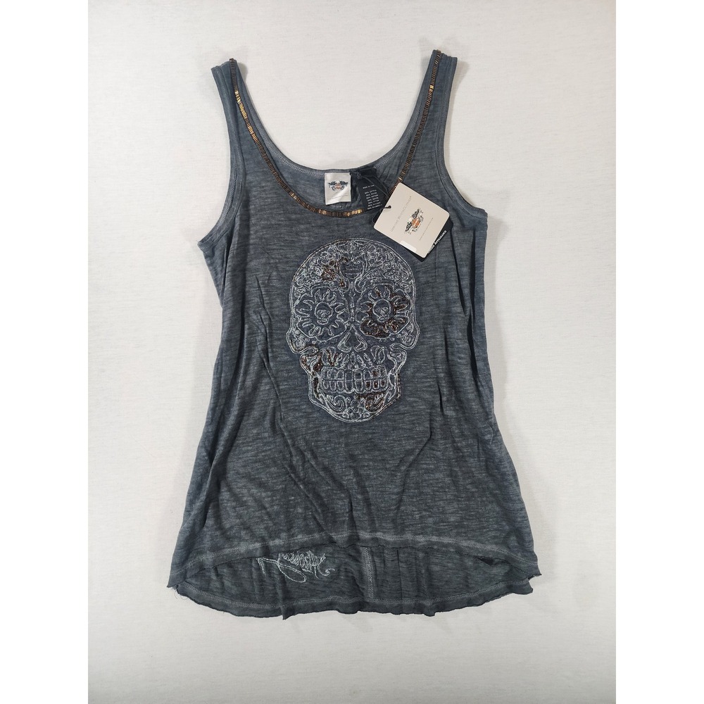 NEW Harley-Davidson Beaded Skull Tank Top Women Medium Grey 96028-15VW Slub Knit
